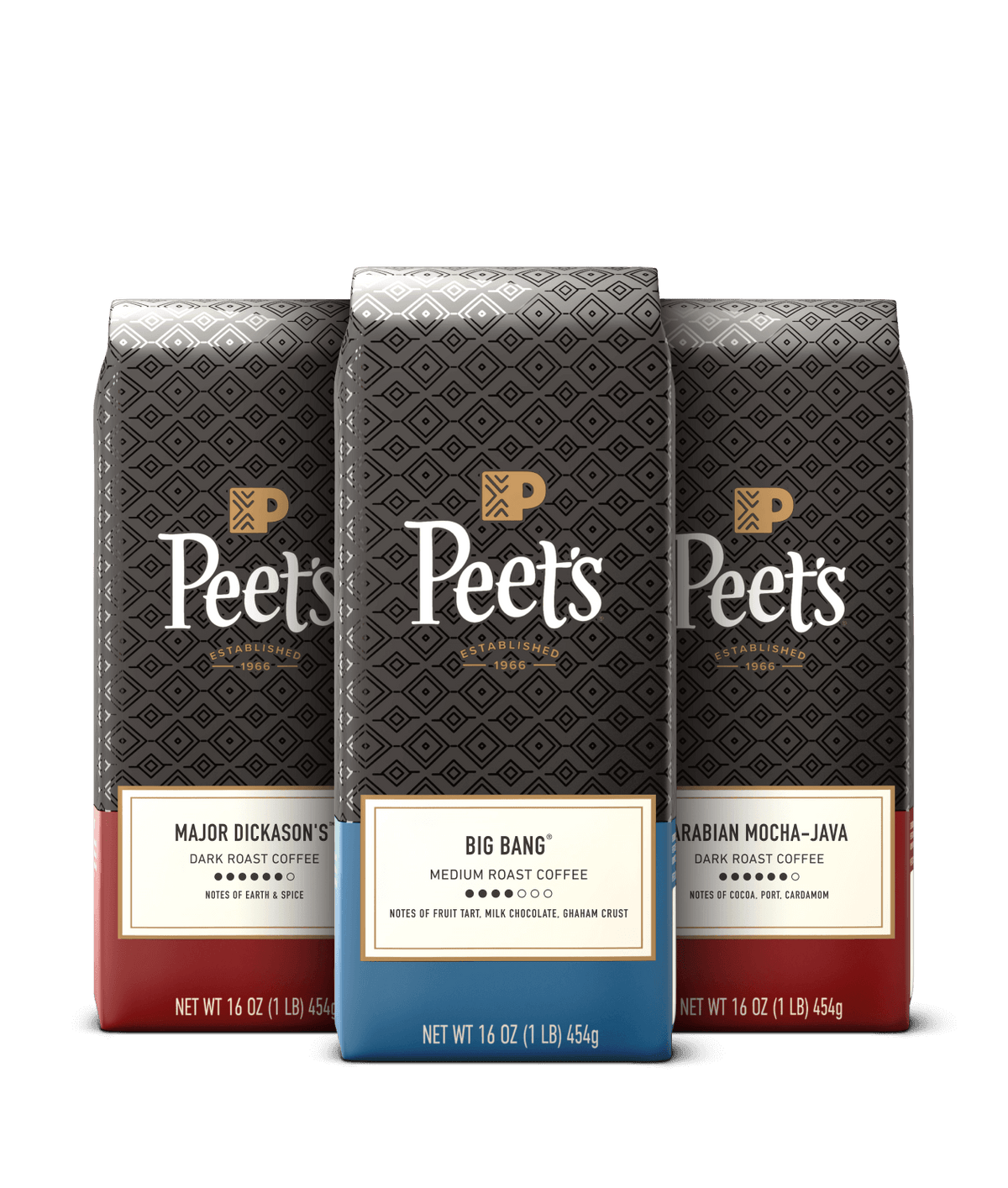 Three Peet's coffee bags with different flavors on a black background