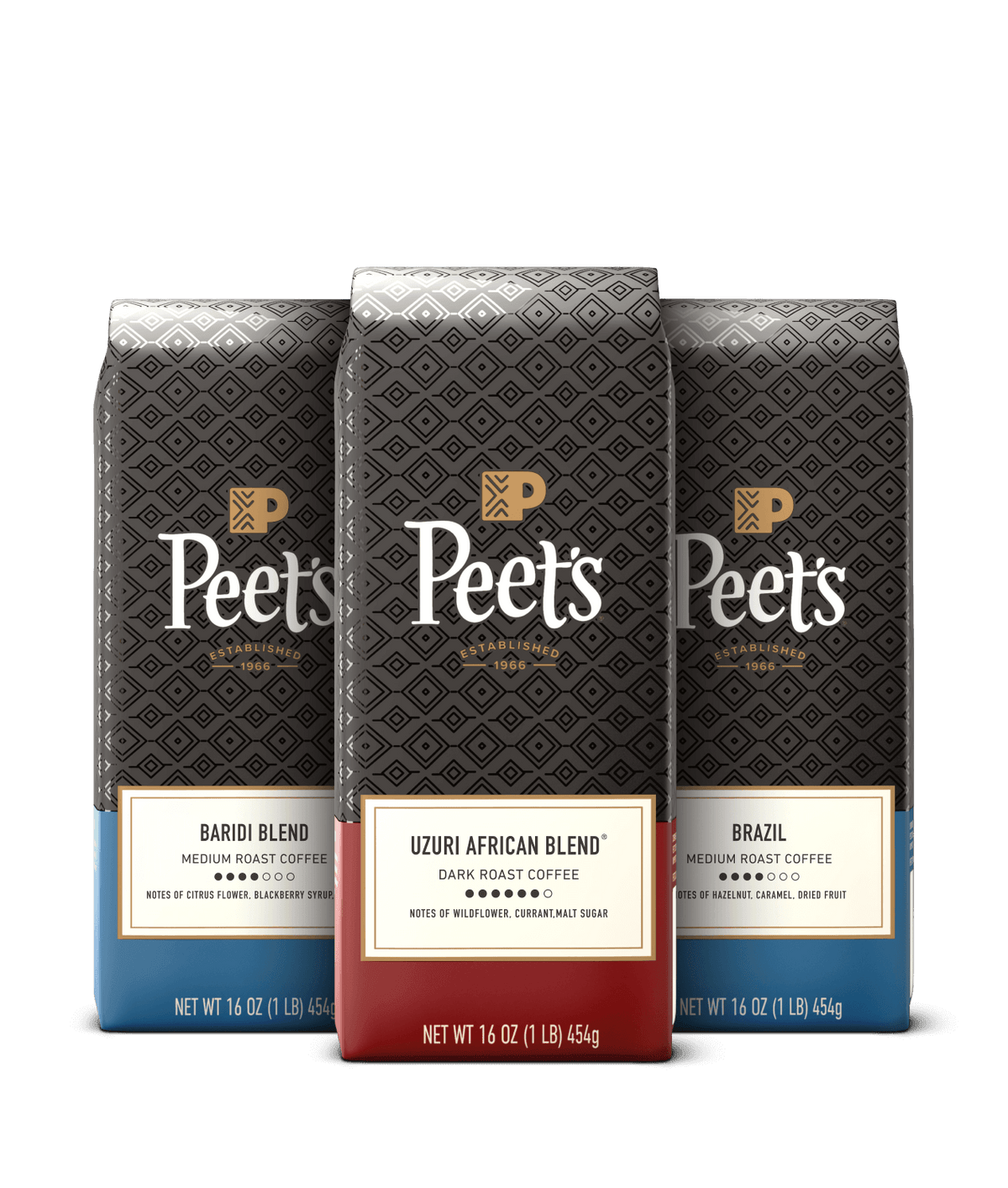 Three Peet's coffee bags with different blends on a black background