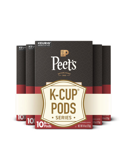 Packaging of Peet's K-Cup coffee pods with a white background