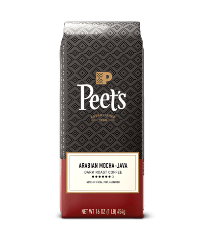 Peet's coffee bag with a geometric pattern on a green background