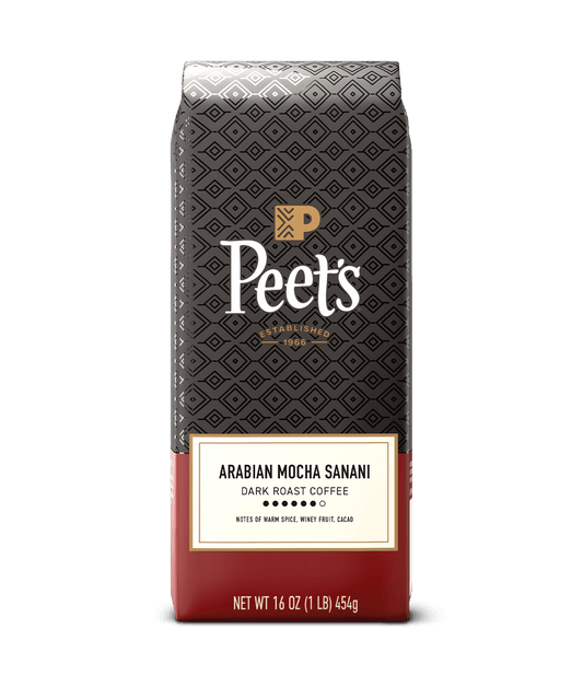 Peet's Coffee Arabian Mocha Sanani dark roast coffee package on a green background
