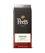 Peet's Ethiopian Fancy Coffee bag with black and red design on a transparent background