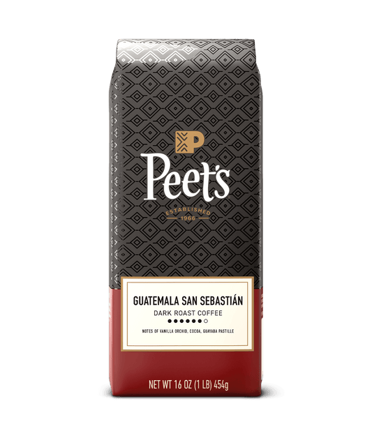 Peet's coffee bag with Guatemala San Sebastian flavor on a green background