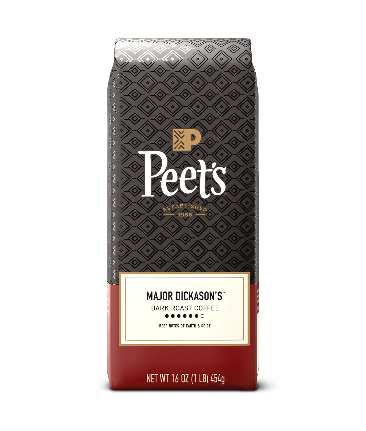 Peet's coffee Major Dickason's bag with a geometric pattern on a green background