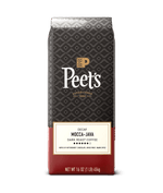 Peet's Decaf Mocca-Java coffee bag with a geometric pattern on a green background