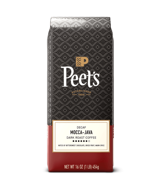 Peet's Decaf Mocca-Java coffee bag with a geometric pattern on a green background