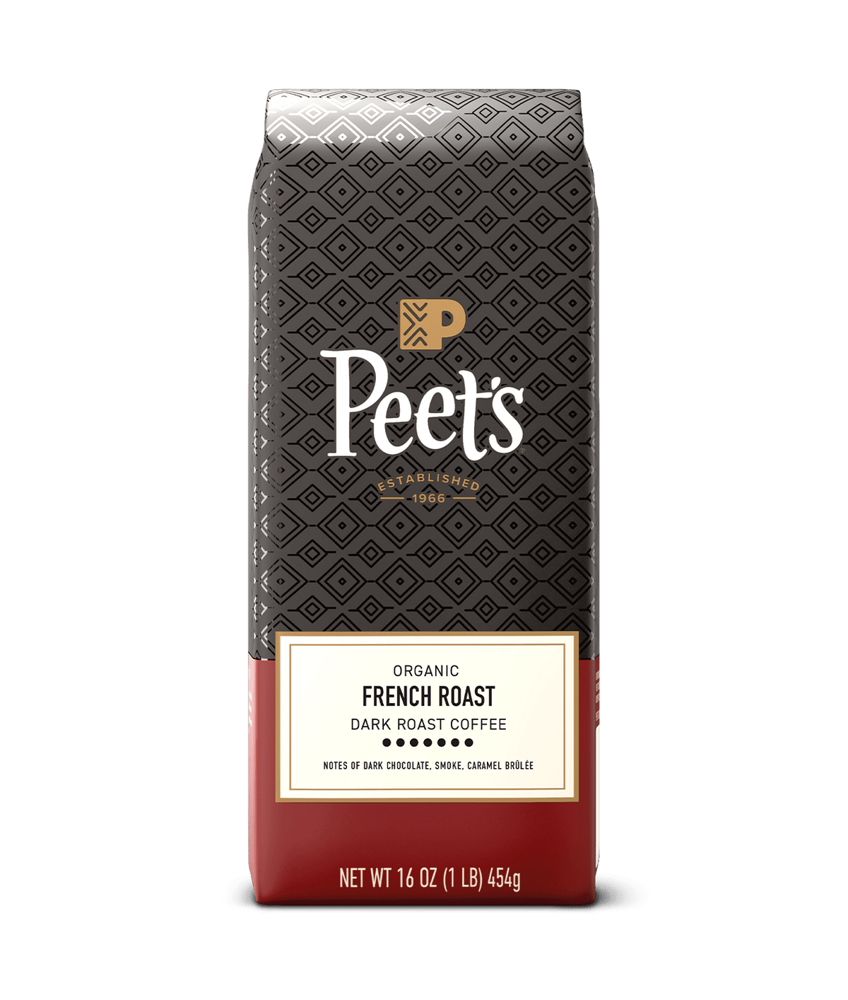 Peet's Organic French Roast coffee bag on a green background