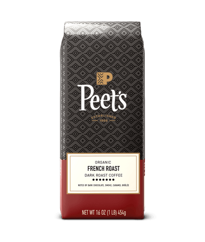 Peet's Organic French Roast coffee bag on a green background