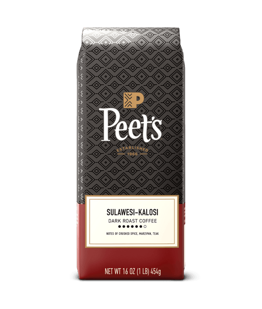 Peet's sulawesi-kalosi coffee bag with a black and red design on a green background
