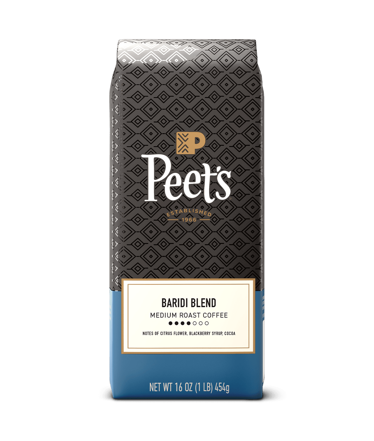 Peet's coffee Baridi blend bag with black and blue design on a transparent background