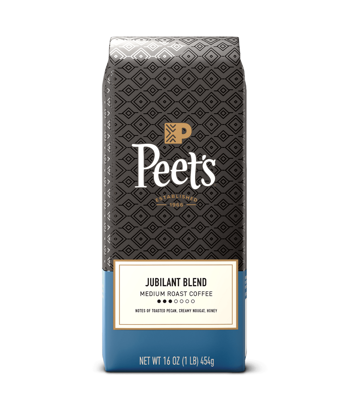 Peet's coffee Jubilant blend coffee bag with black and blue design on a green background