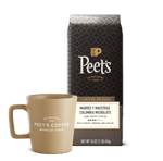 Peet's Coffee bag and beige mug on a transparent background