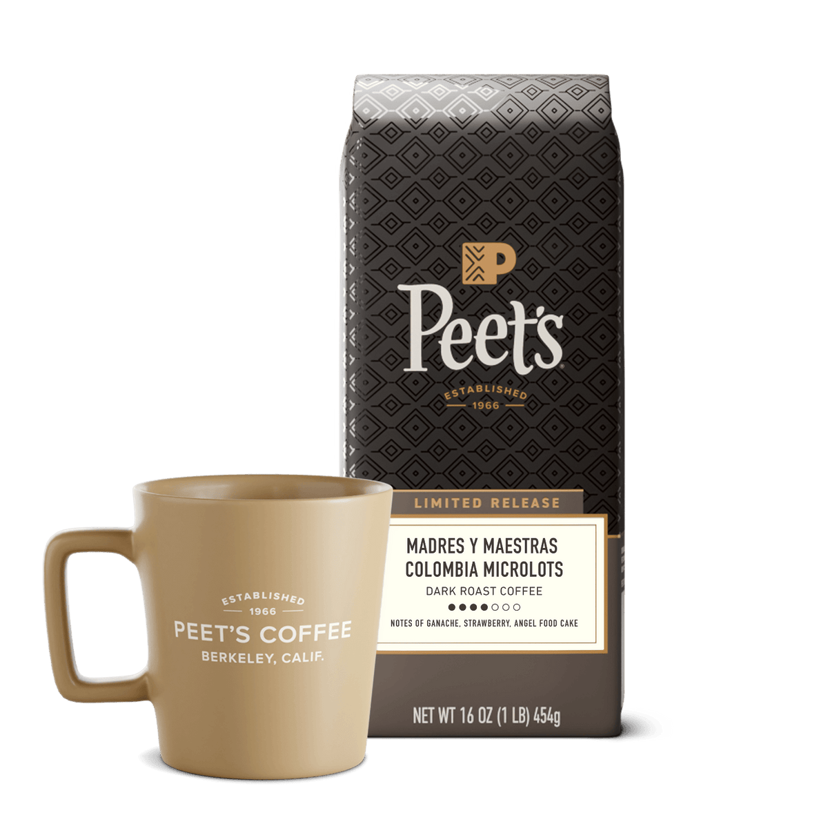 Peet's Coffee bag and beige mug on a transparent background