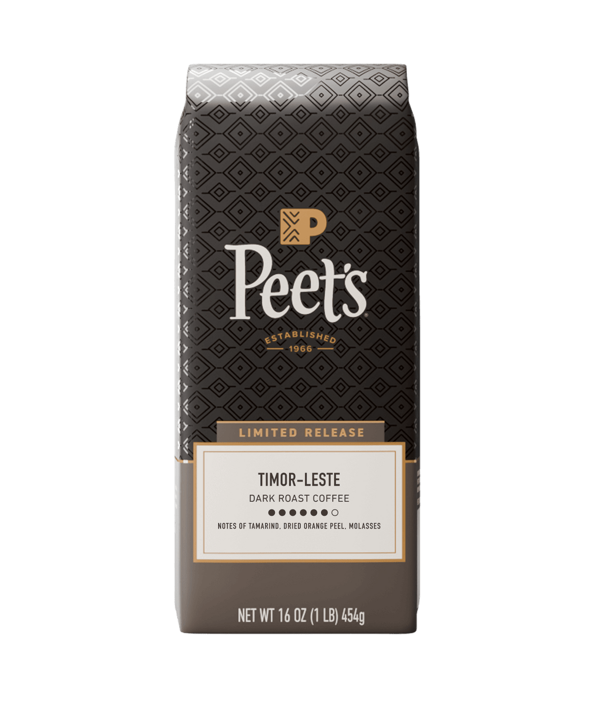 Peet's coffee bag with 'Timor-Leste' label on a white background