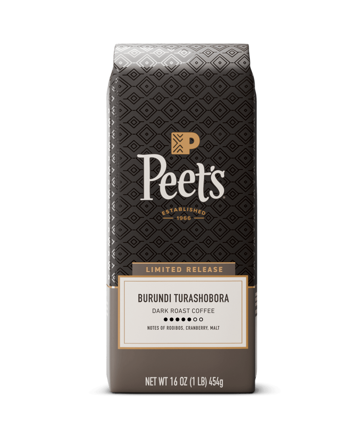 Peets Burundi Turashobora dark roast coffee in a 16 oz bag, featuring a dark brown patterned design with gold and white text.