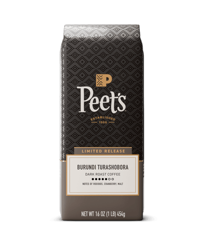 Peets Burundi Turashobora dark roast coffee in a 16 oz bag, featuring a dark brown patterned design with gold and white text.
