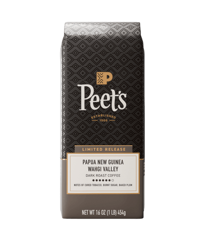 Peet's coffee bag with detailed branding and product information on a white background