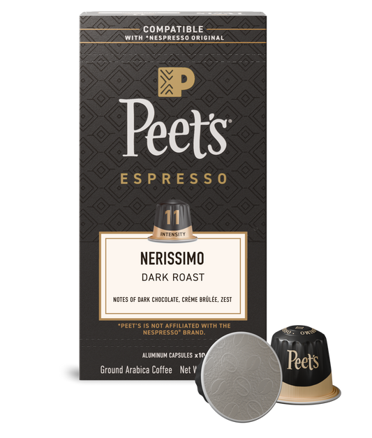 Peet's Espresso Nerissimo dark roast coffee packaging with a coffee capsule on a white background