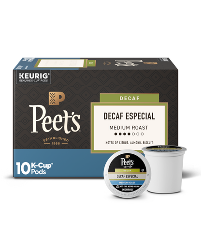 Peet's Decaf Especial K-Cup pods packaging with a single pod on a white background