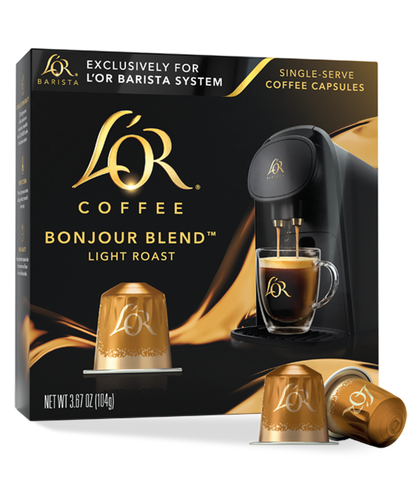 LöR Coffee Bonjour Blend packaging with coffee machine and capsules on a white background