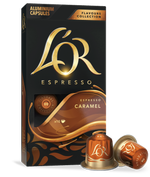 Lör Espresso Caramel capsules packaging with two capsules in front on a white background
