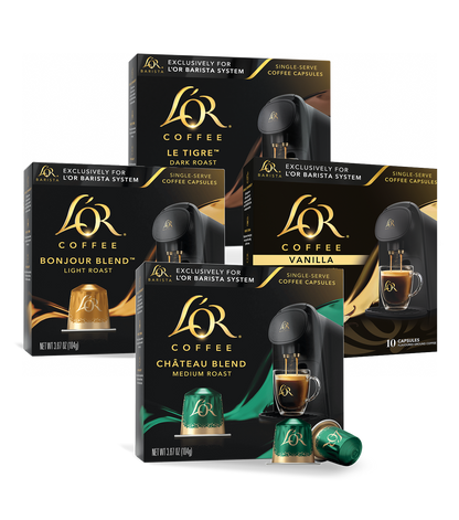 Four boxes of L'OR Coffee capsules with different blends on a white background