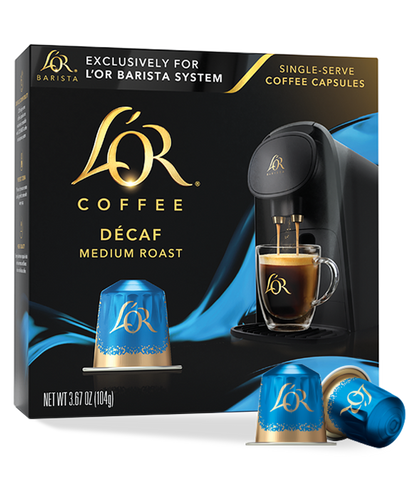 LöR Coffee Decaf packaging with coffee machine and cup on a white background