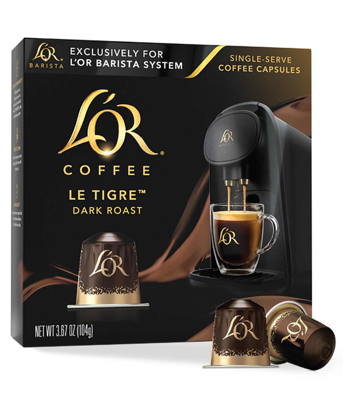 Lér Coffee Le Tigre Dark Roast packaging with coffee machine and cup on a white background