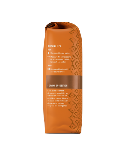Pumpkin Spice Ground Drip Flavored Coffee - back of bag with brewing tips